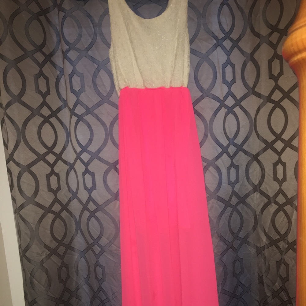 Cream lace/hot pink maxi dress